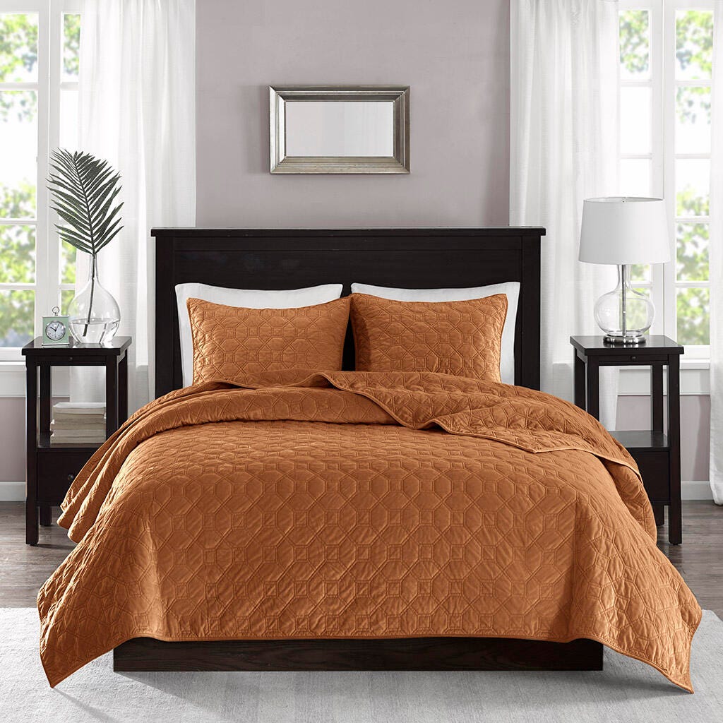 Harper King/California King 3 Piece Velvet Quilt Set, Rust, large