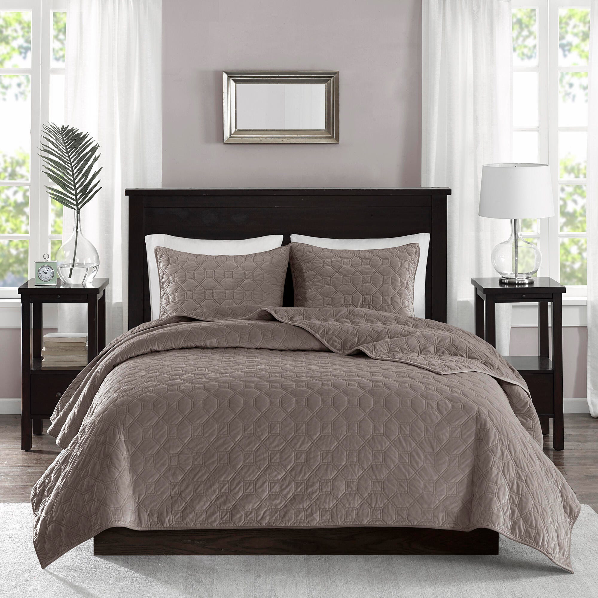 Harper King/California King 3 Piece Velvet Quilt Set, Taupe, large