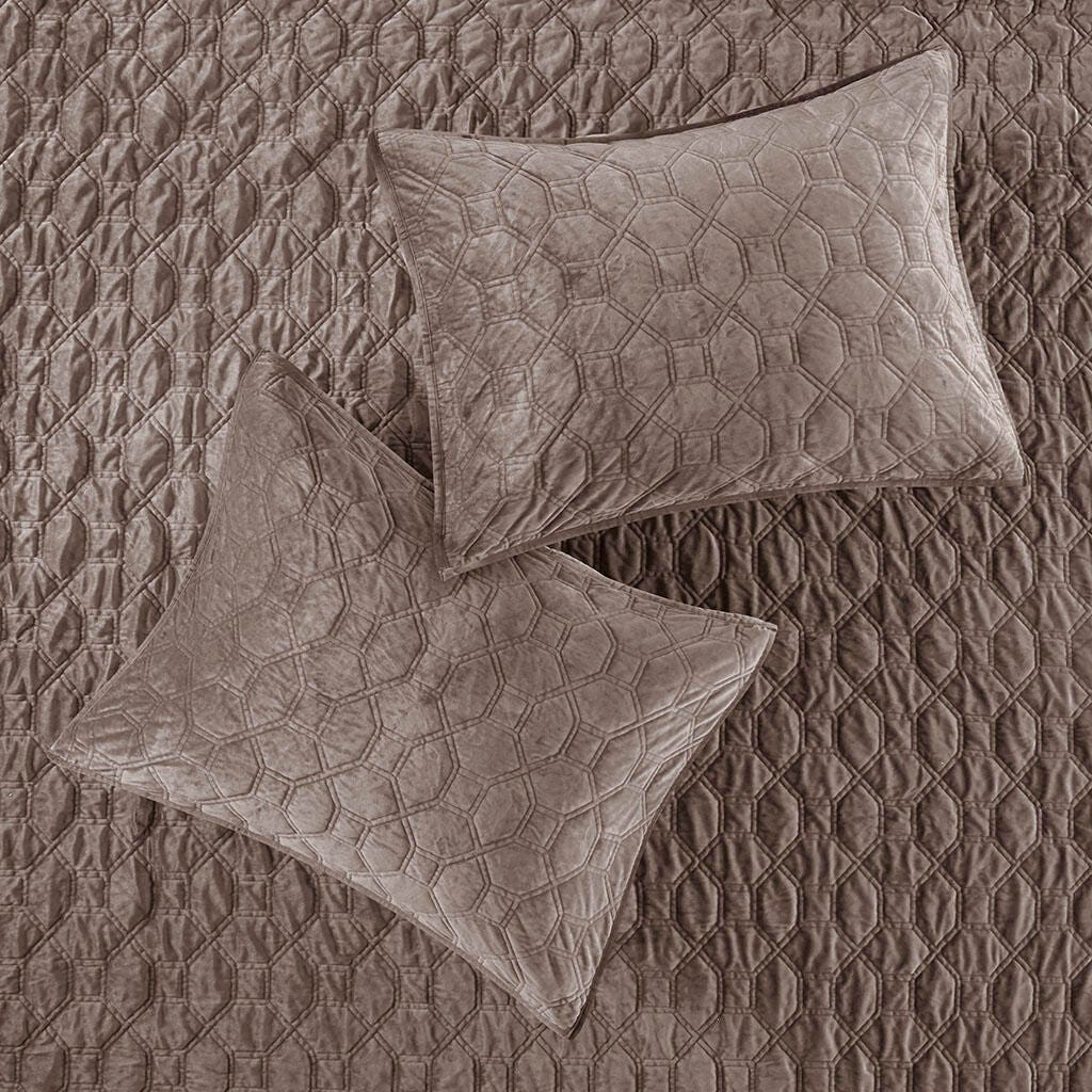 Harper King/California King 3 Piece Velvet Quilt Set, Taupe, large