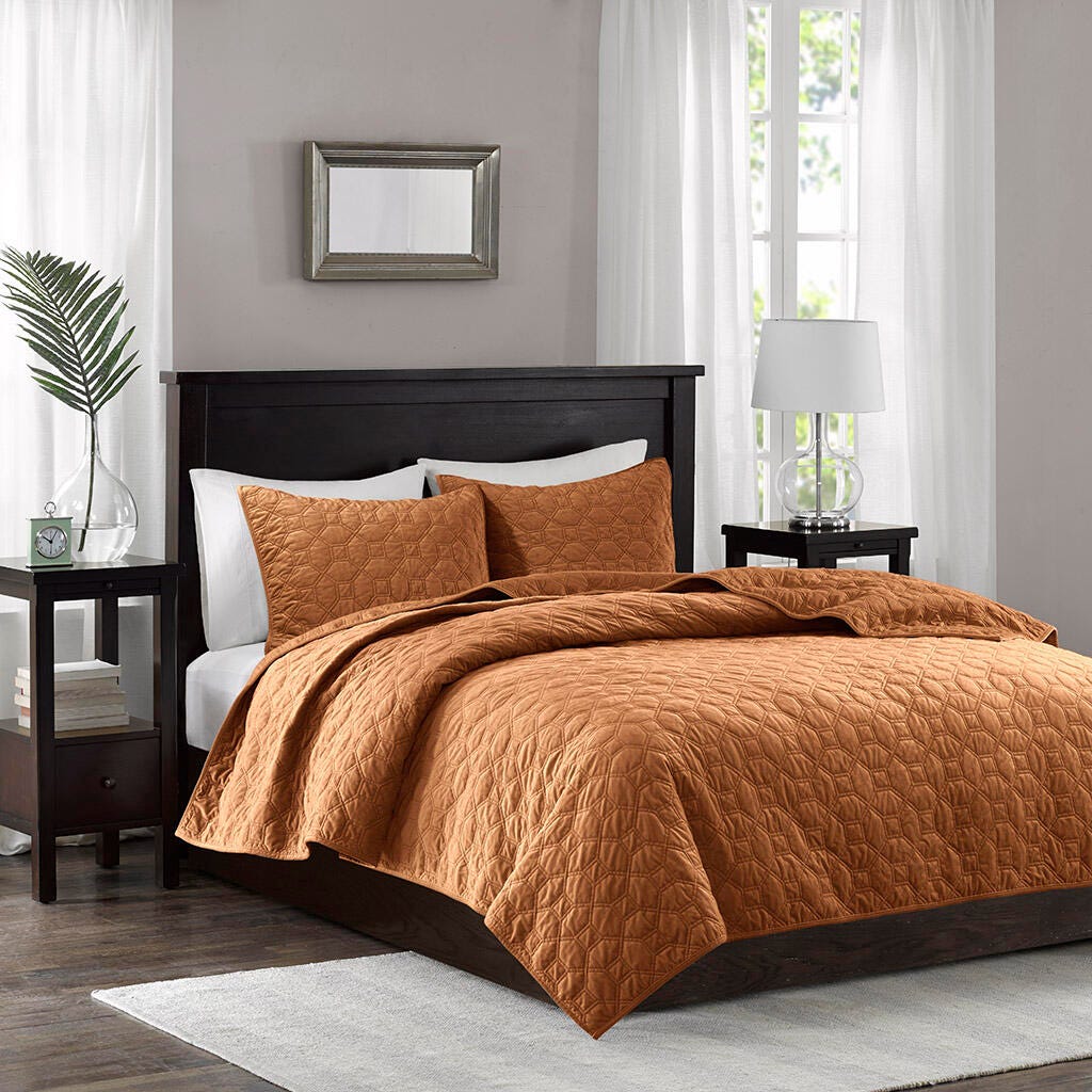 Harper Full/Queen 3 Piece Velvet Quilt Set, Rust, rollover