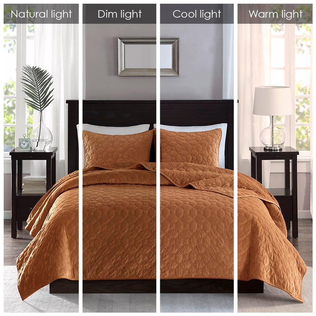 Harper Full/Queen 3 Piece Velvet Quilt Set, Rust, large