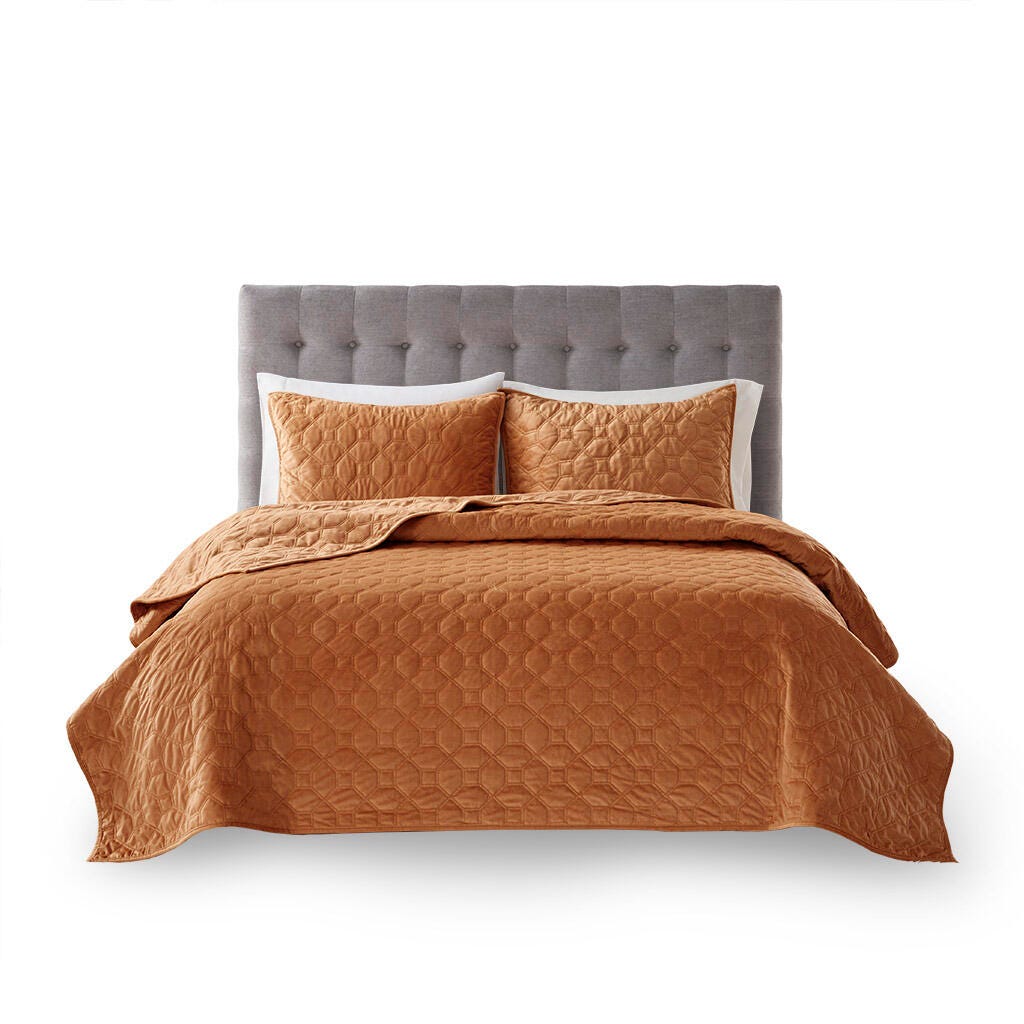 Harper Full/Queen 3 Piece Velvet Quilt Set, Rust, large