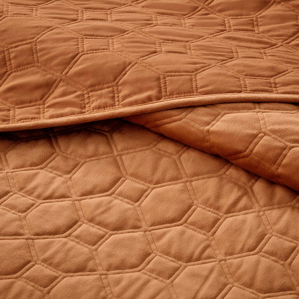 Harper Full/Queen 3 Piece Velvet Quilt Set, Rust, large