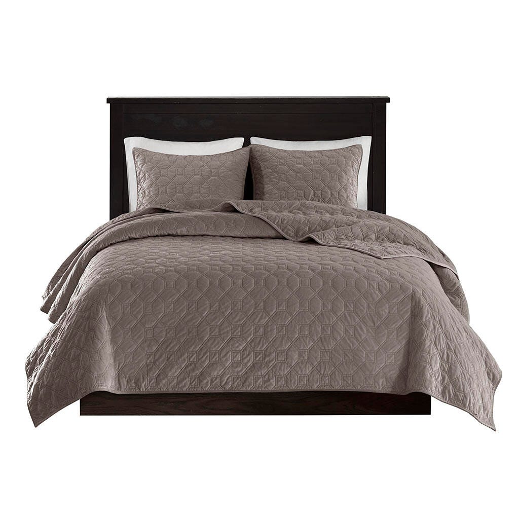 Harper Full/Queen 3 Piece Velvet Quilt Set, Taupe, rollover