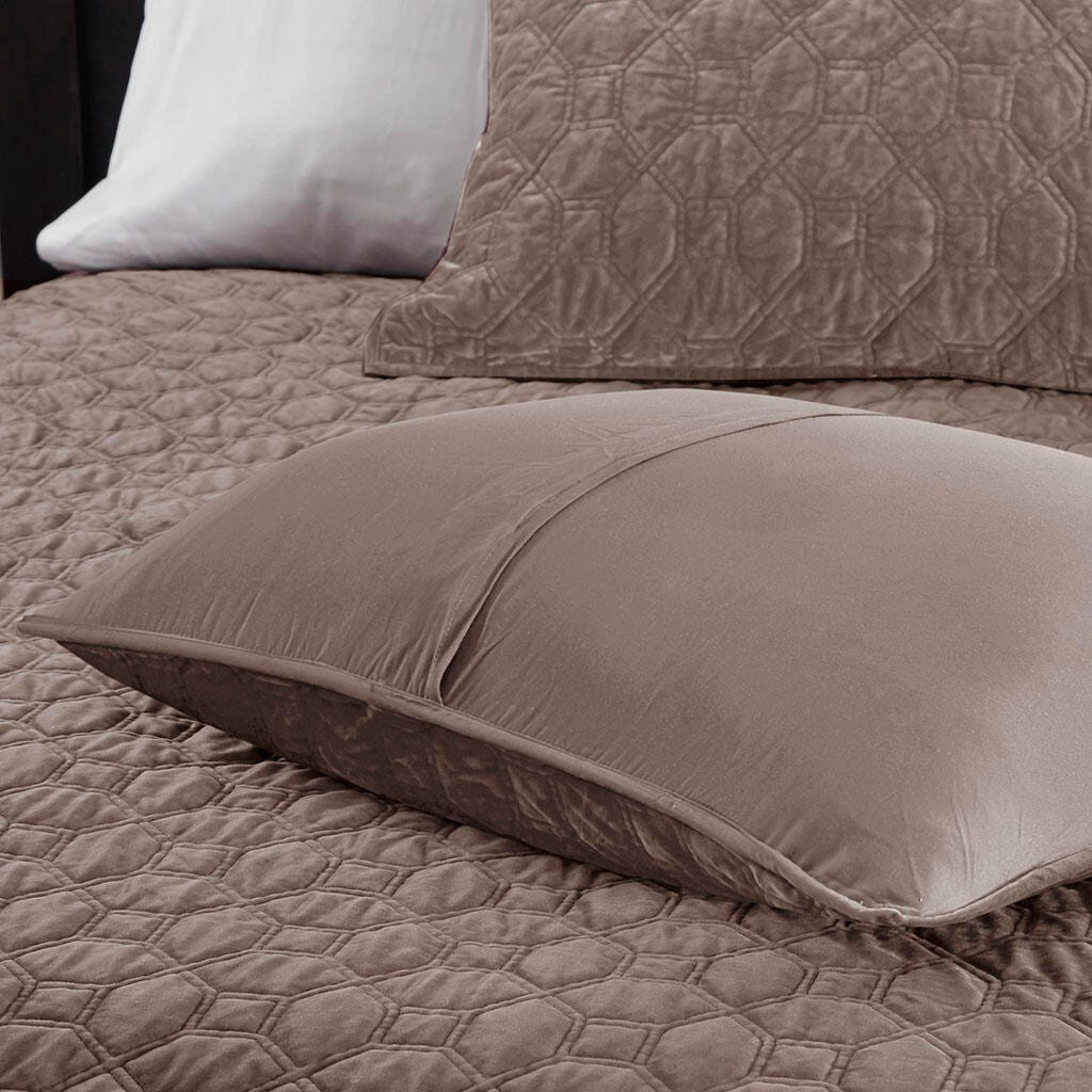 Harper Full/Queen 3 Piece Velvet Quilt Set, Taupe, large