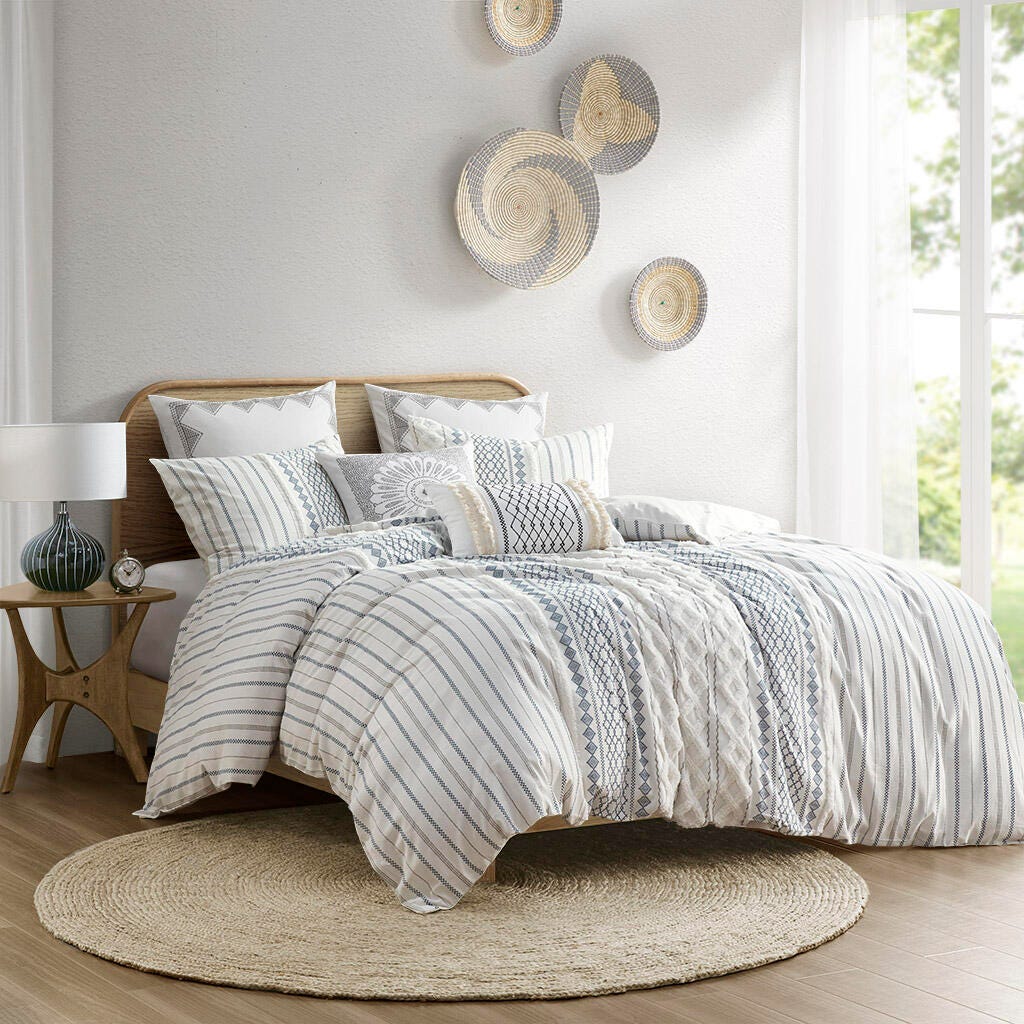 Imani King/California King Printed Duvet Cover Set with Chenille, Navy, large