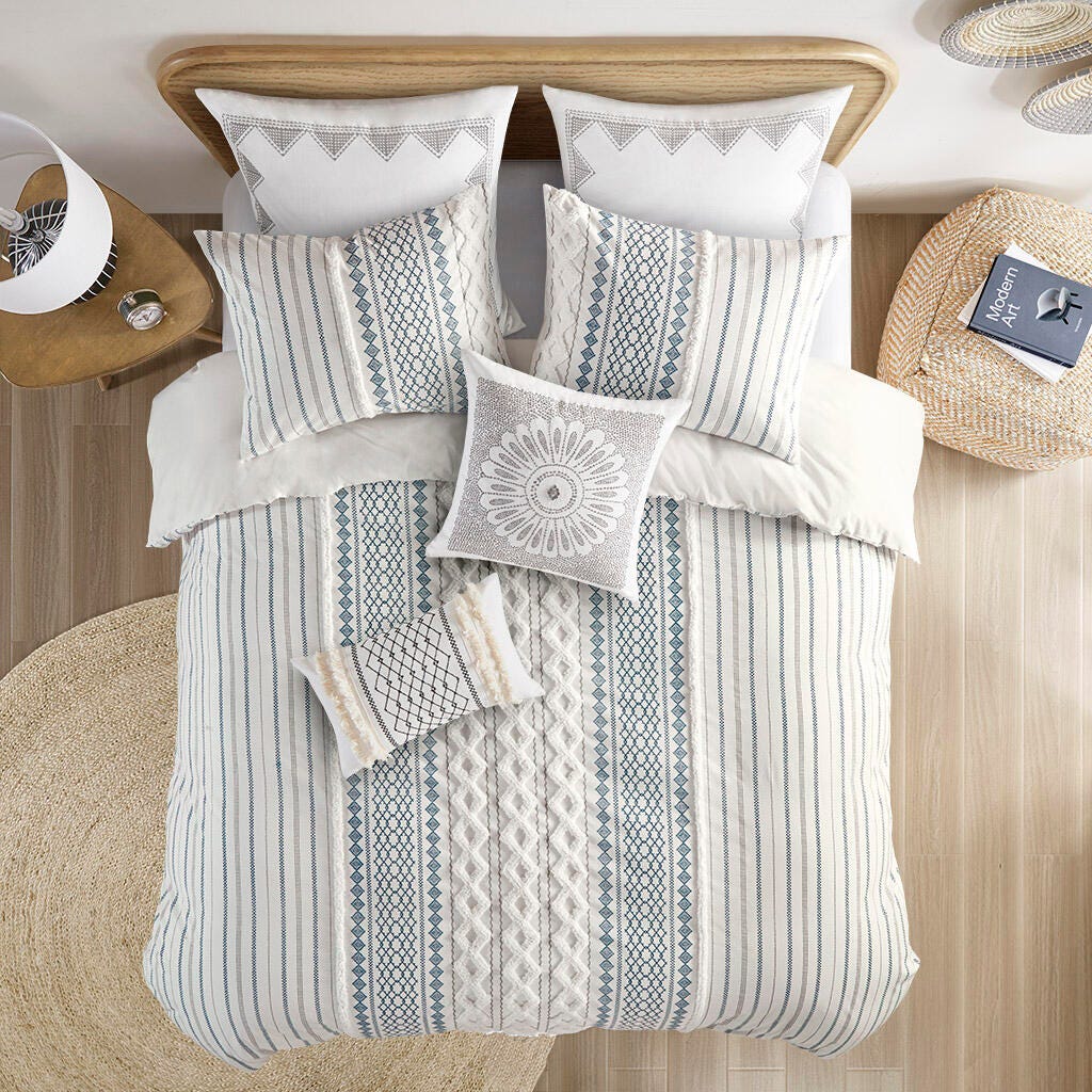 Imani Full/Queen Printed Duvet Cover Set with Chenille, Navy, large