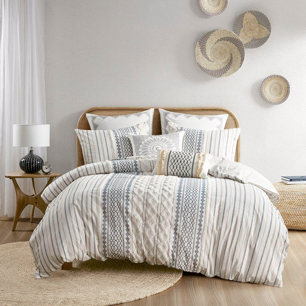 Imani Full/Queen Printed Duvet Cover Set with Chenille, Navy, large