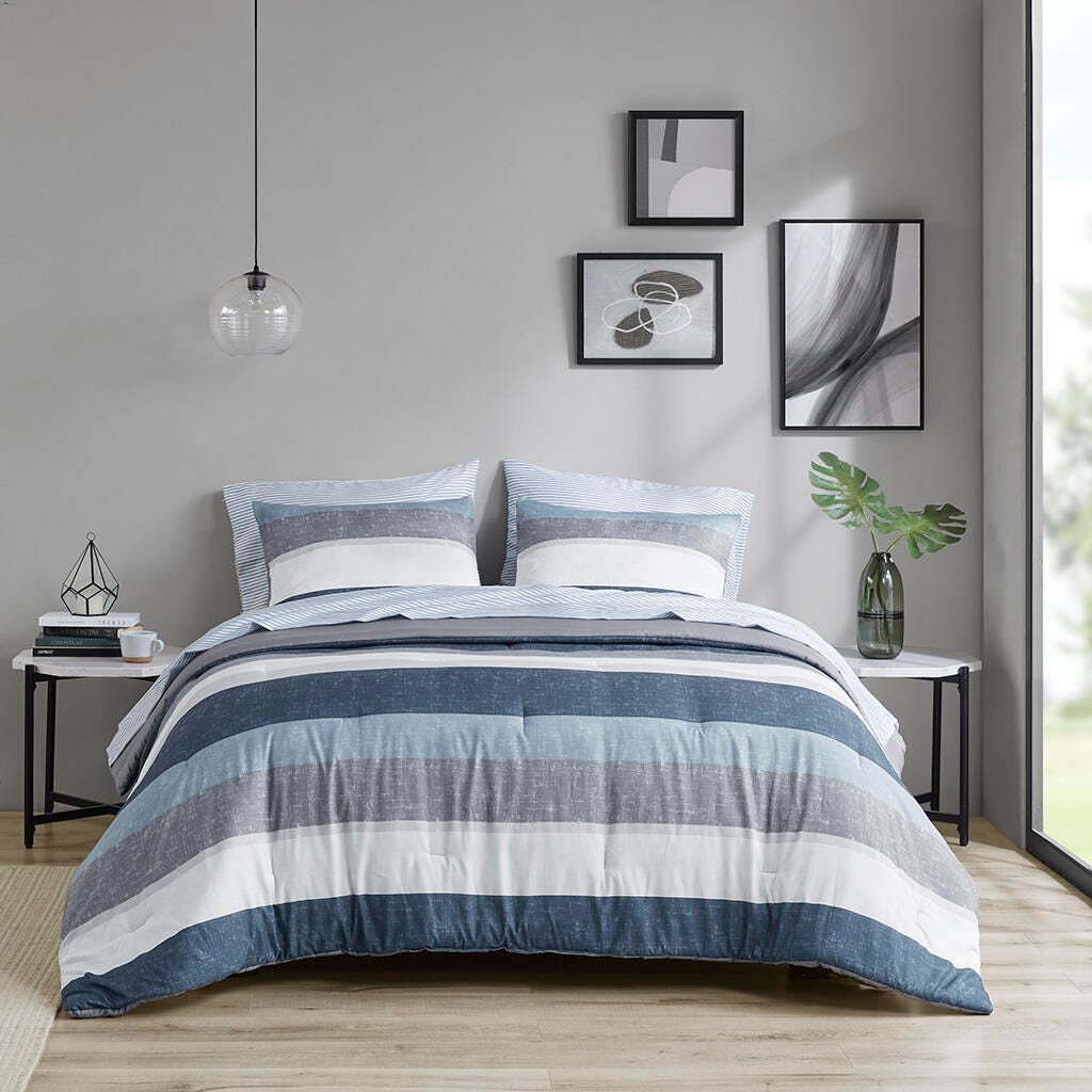 Jaxon California King Comforter Set with Bed Sheets, Blue/Gray, large