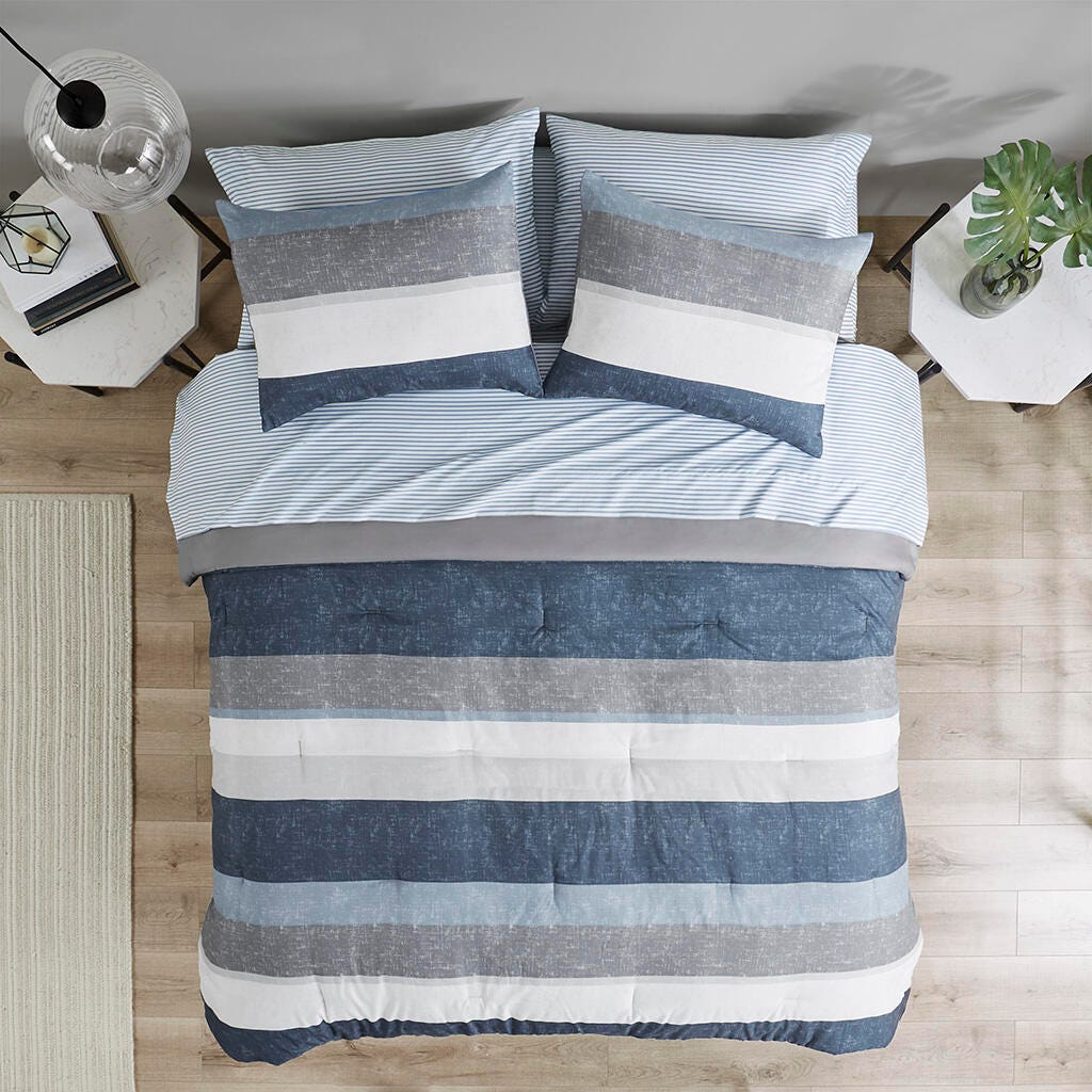 Jaxon Queen Comforter Set with Bed Sheets, Blue/Gray, large