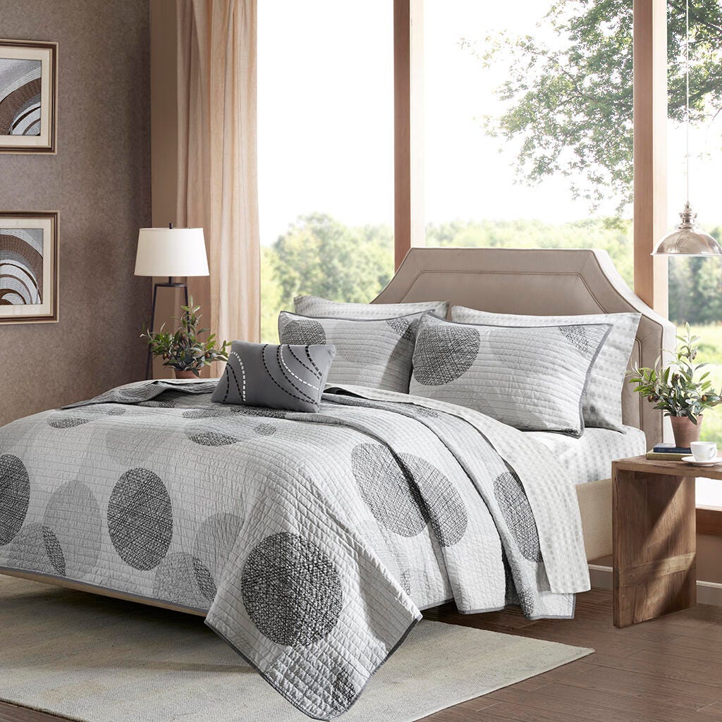 Knowles King 8 Piece Quilt Set with Bed Sheets, Gray, large