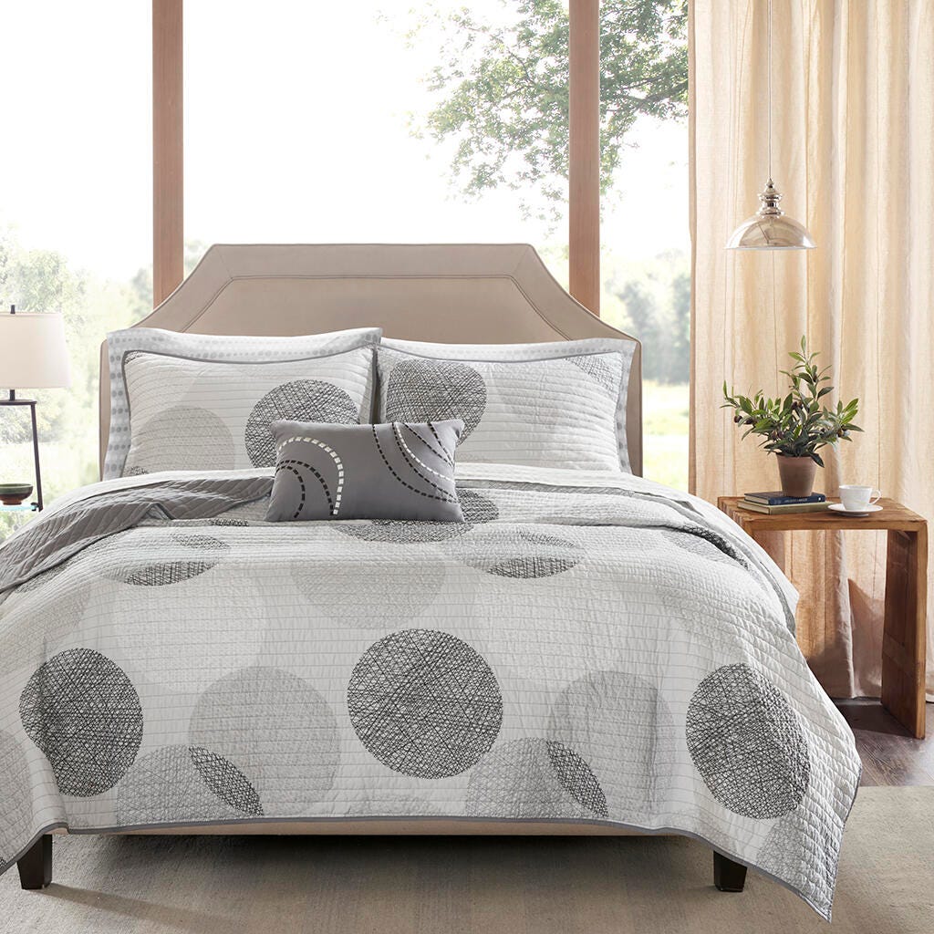 Knowles Twin 6 Piece Quilt Set with Bed Sheets, Gray, large