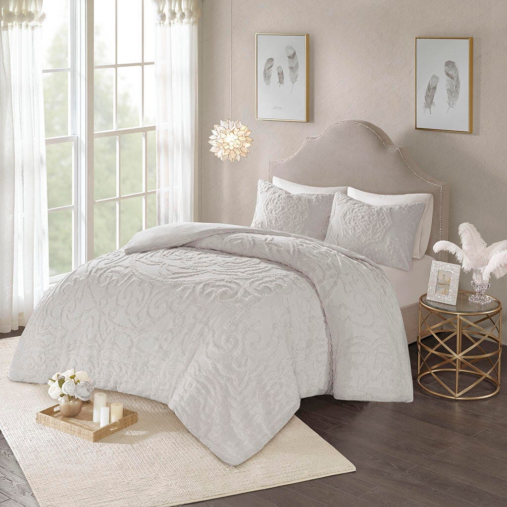 Laetitia King/California King 3-Piece Tufted Chenille Medallion Duvet Cover Set, Gray, large