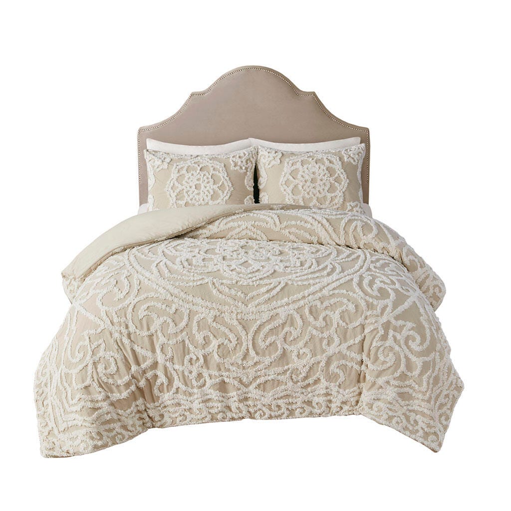 Laetitia King/California King 3 piece Tufted duvet cover set, Taupe, large