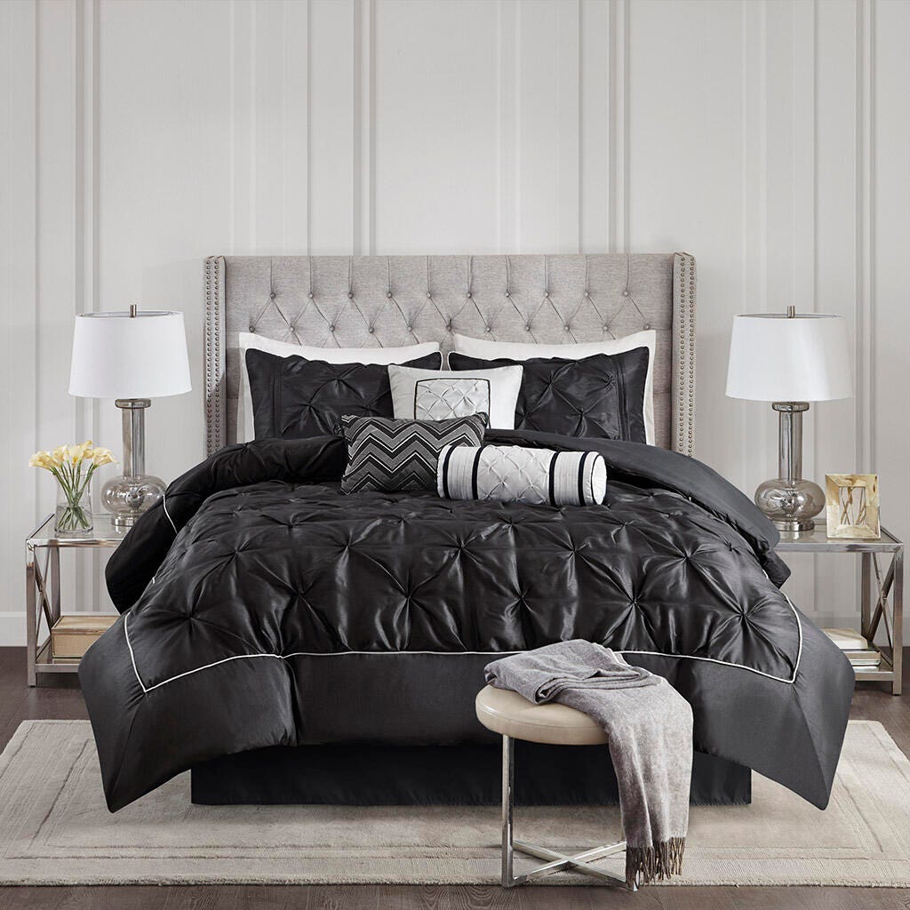 Laurel King 7 Piece Tufted Comforter Set, Black, large