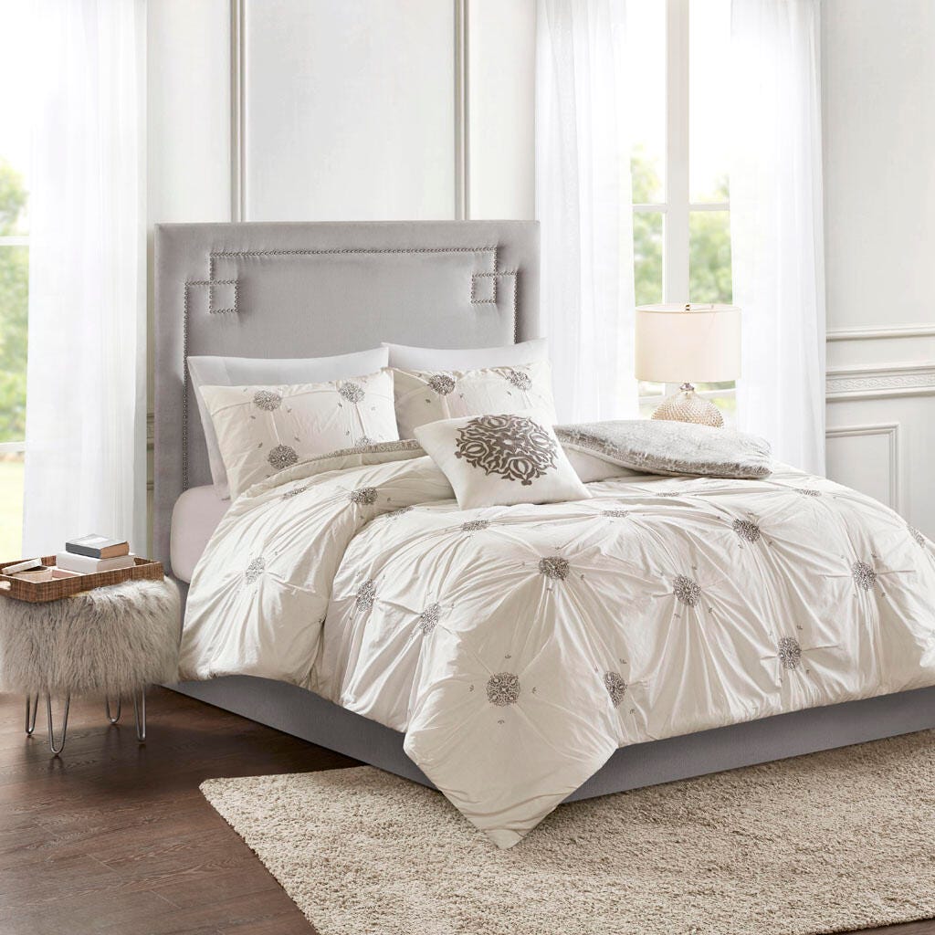 Malia King/California King 4 Piece Embroidered Reversible Duvet Cover Set, Ivory, large