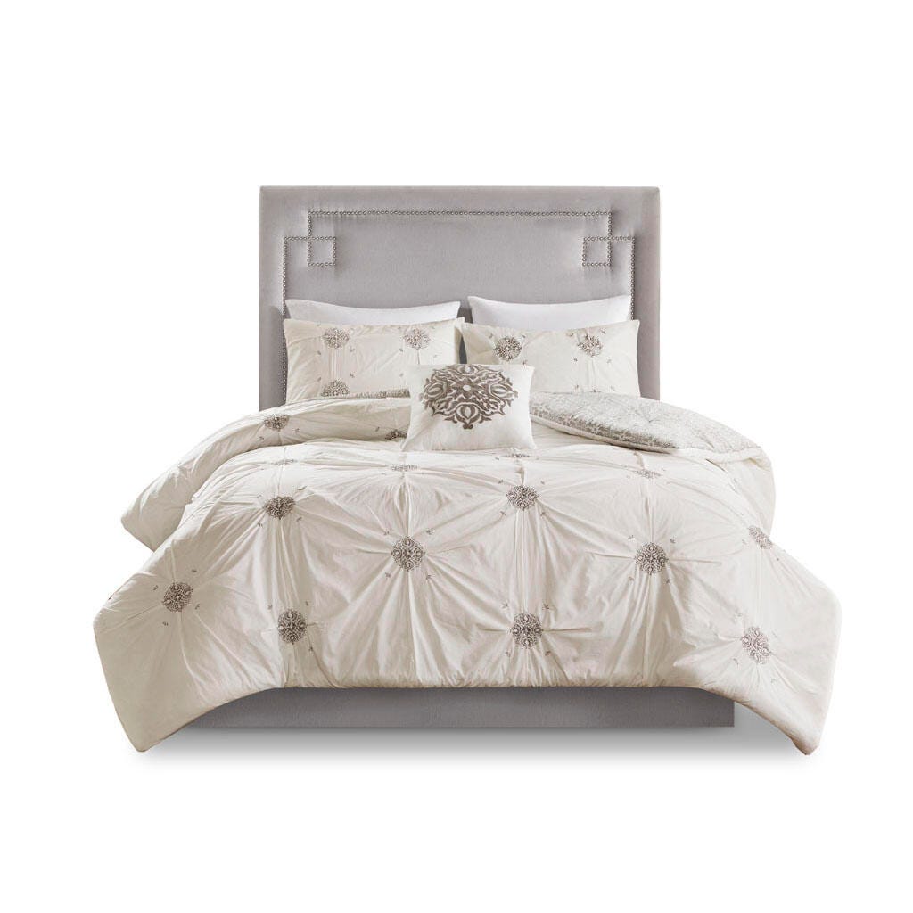 Malia Full/Queen 4 Piece Embroidered Reversible Duvet Cover Set, Ivory, rollover