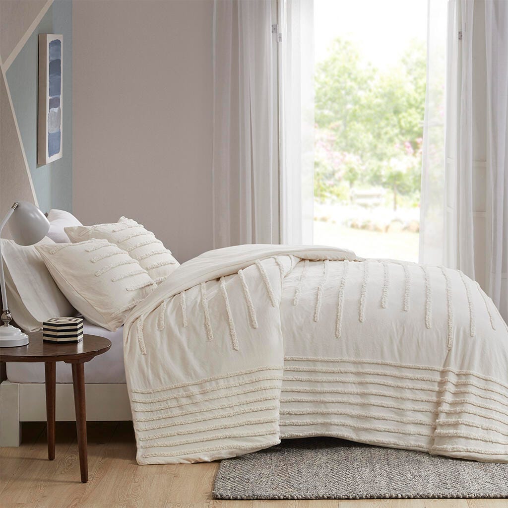Mercer King/California King 3 Piece Chenille Duvet Cover Set, Ivory, large