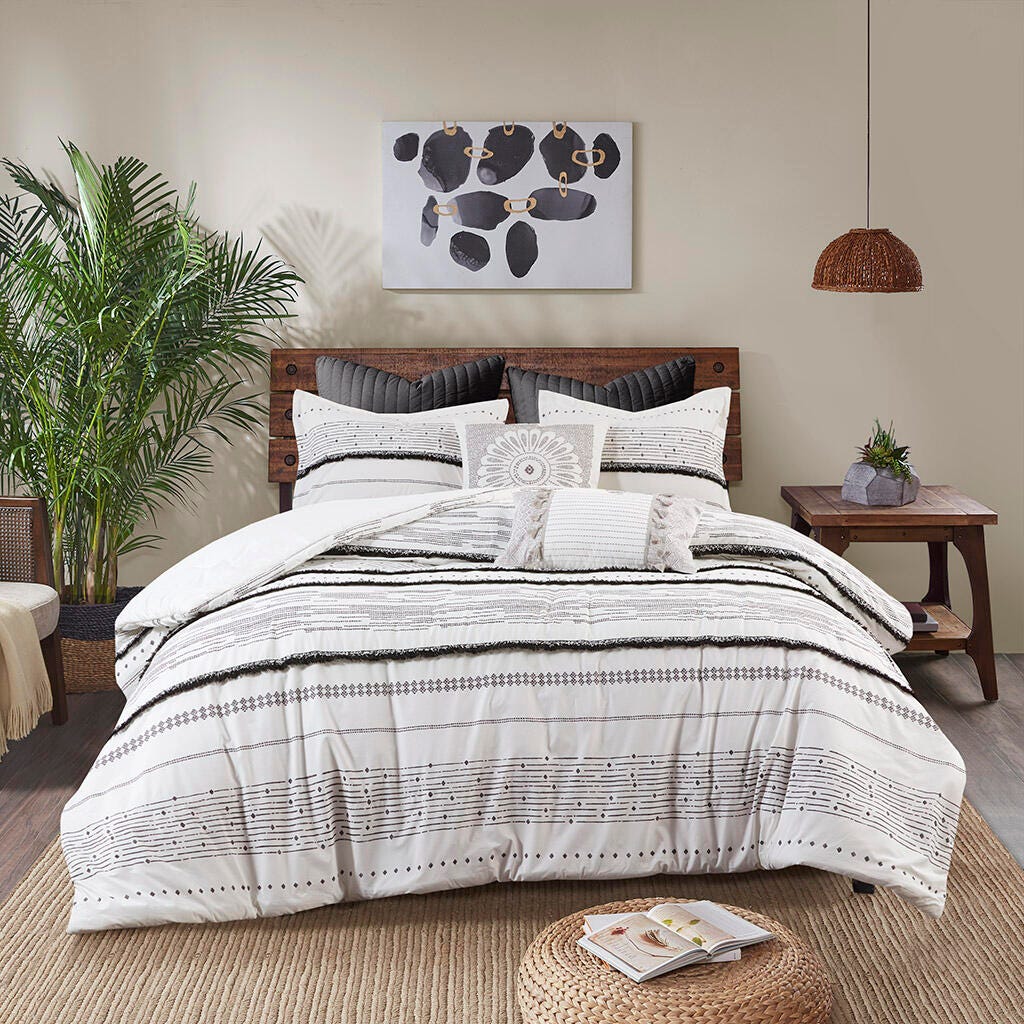 Nea King/California King Printed Comforter Set with Trims, Black/White, large