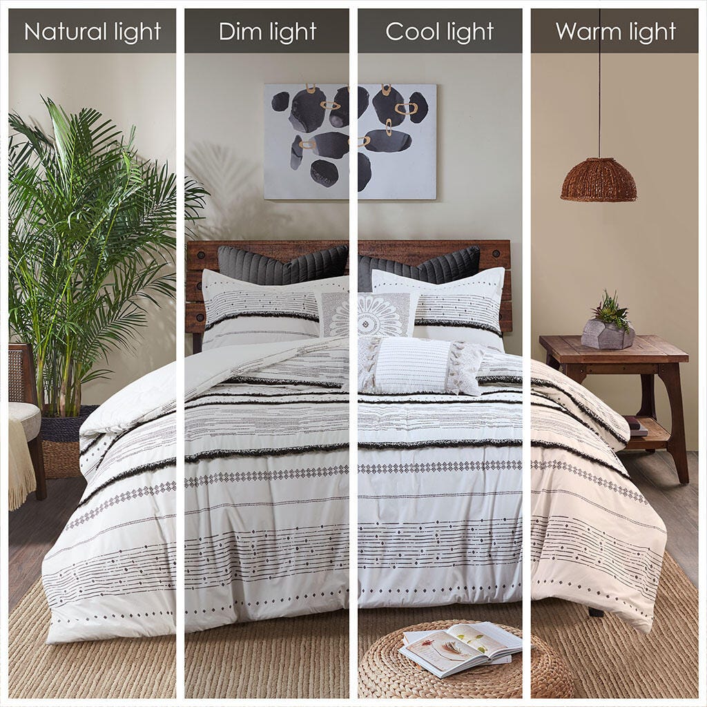 Nea Full/Queen Printed Comforter Set with Trims, Black/White, large