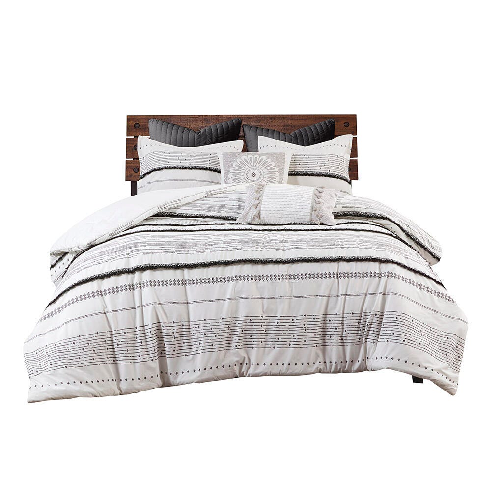 Nea Full/Queen Printed Comforter Set with Trims, Black/White, rollover