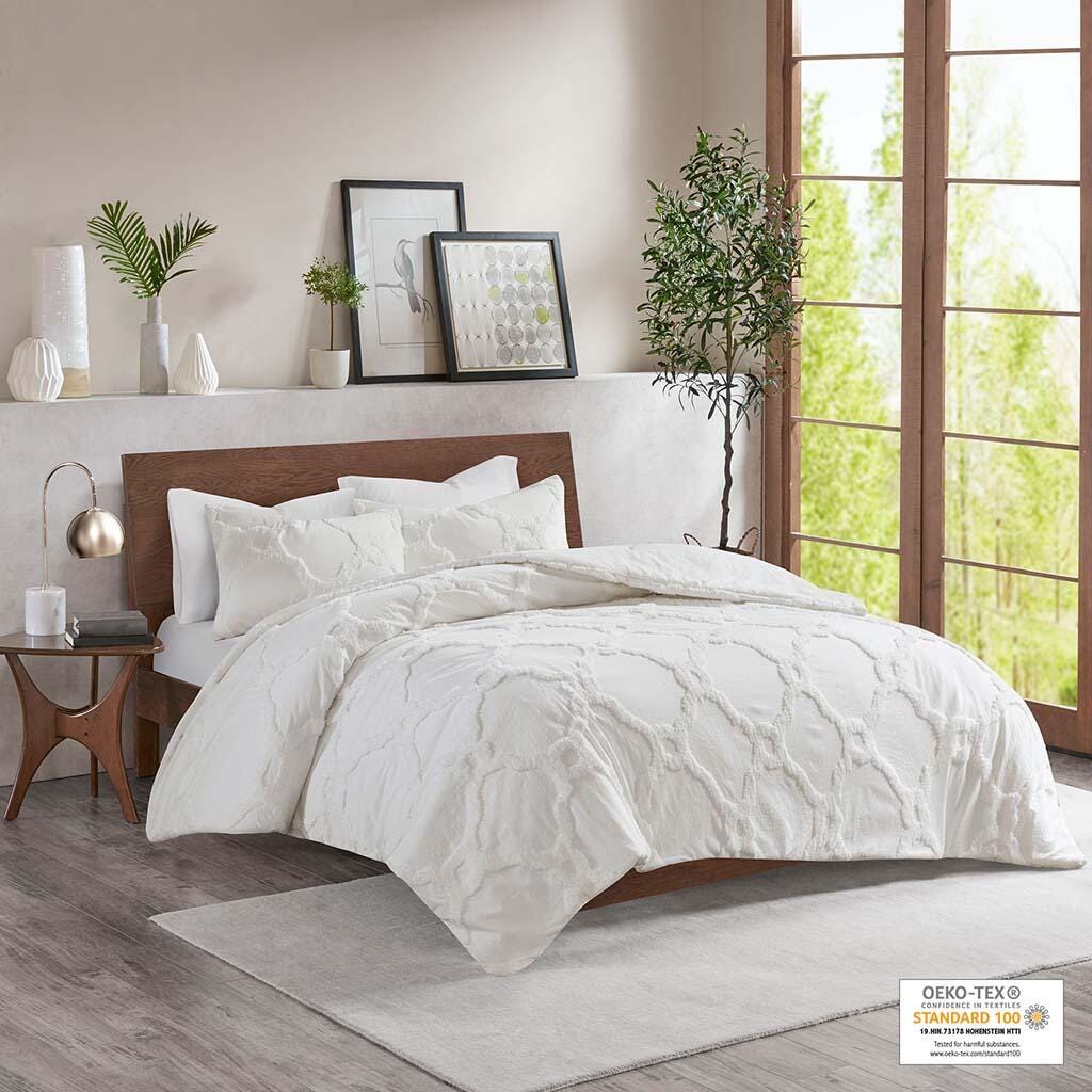 Pacey King/California King 3 Piece Tufted Chenille Geometric Comforter Set, Off White, large