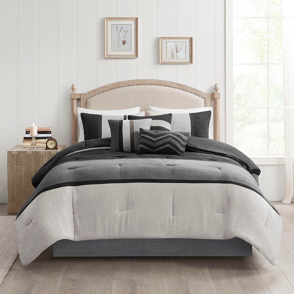 Madison Park Palisades King 7 Piece Faux Suede Comforter Set, Black, large