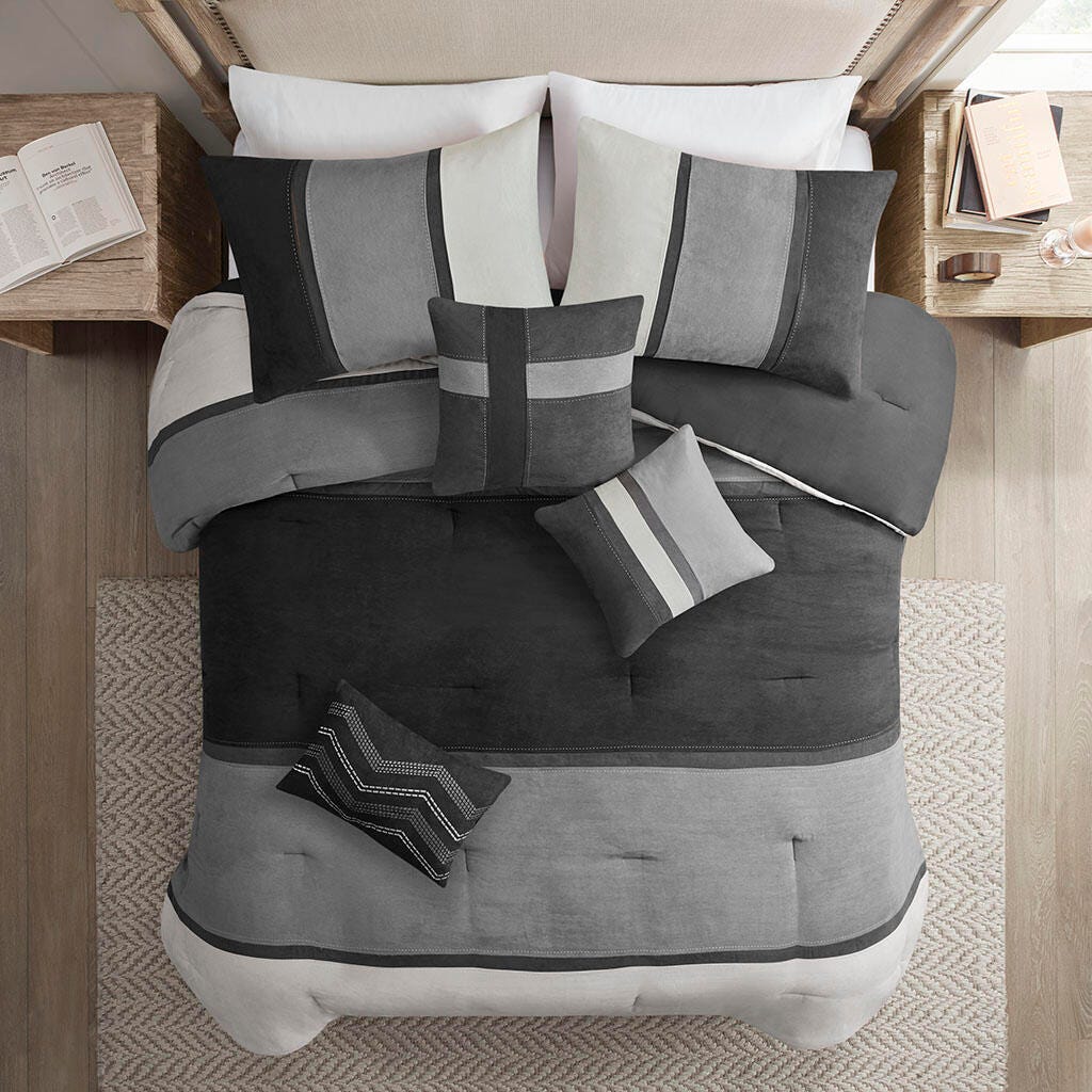 Madison Park Palisades Queen 7 Piece Faux Suede Comforter Set, Black, large