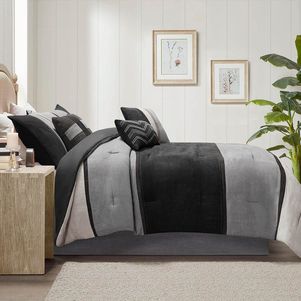 Madison Park Palisades Queen 7 Piece Faux Suede Comforter Set, Black, large