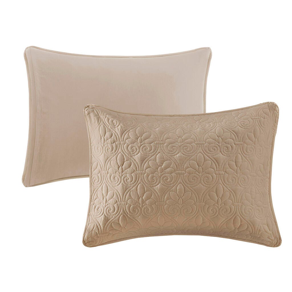 Quebec King 3 Piece Split Corner Pleated Quilted Bedspread, Khaki, large