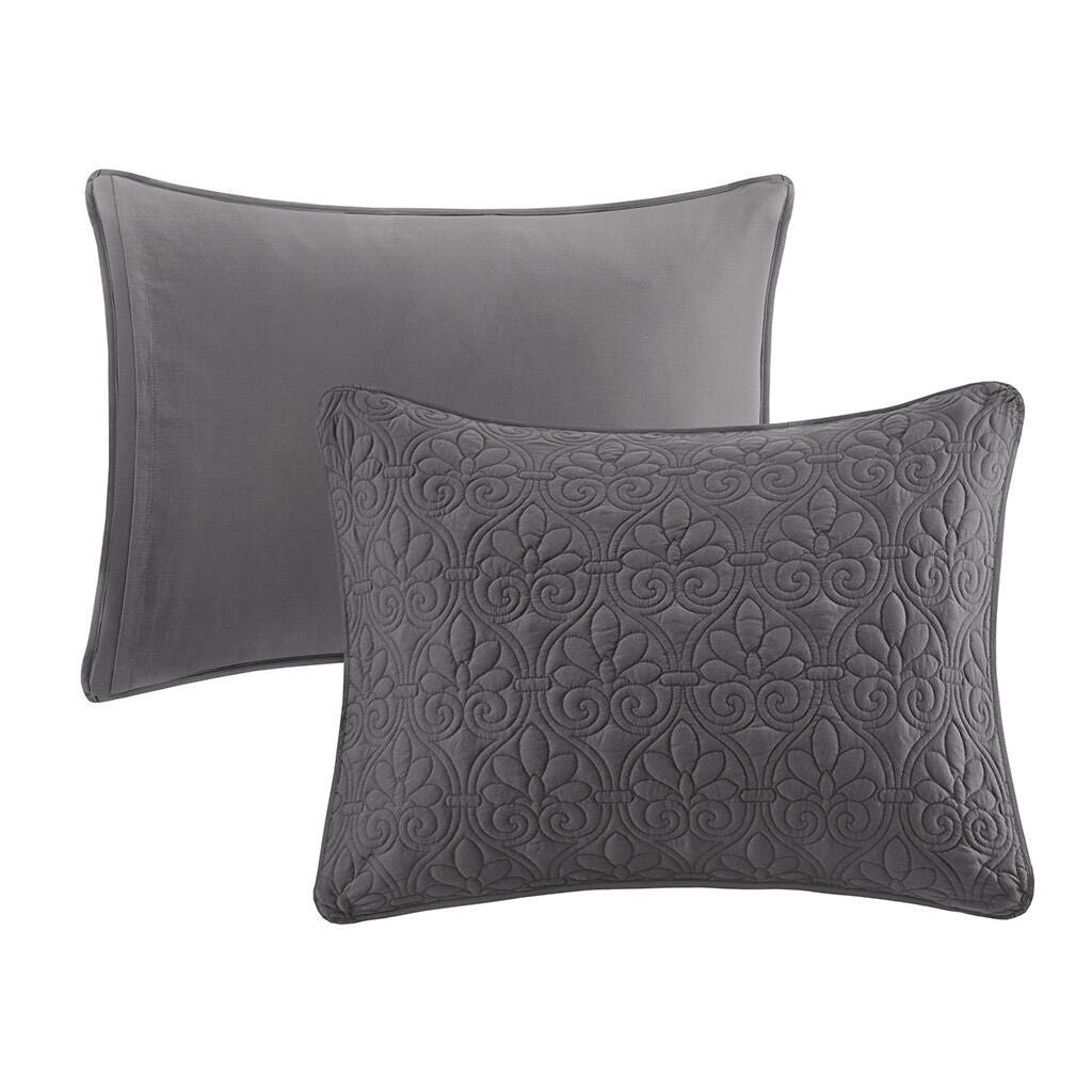 Quebec King 3 Piece Split Corner Pleated Quilted Bedspread, Dark Gray, large