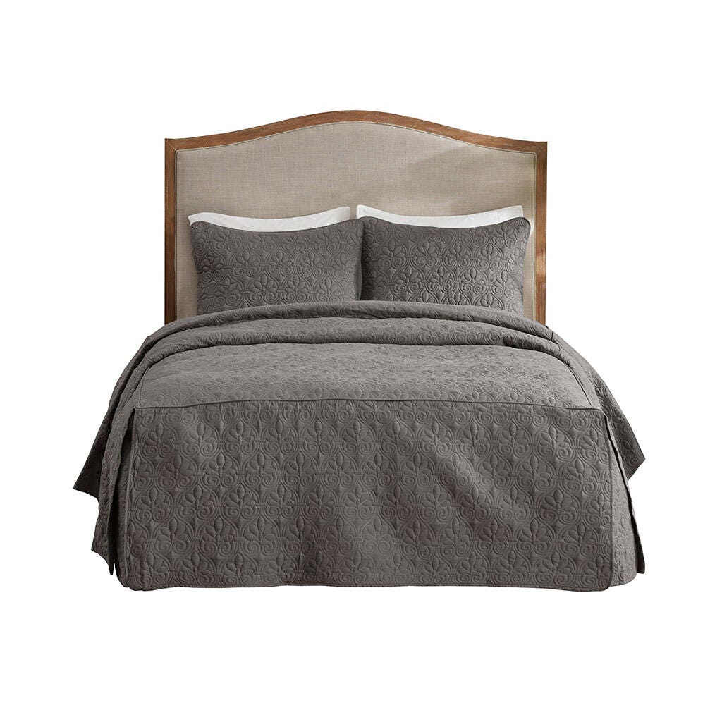 Quebec King 3 Piece Split Corner Pleated Quilted Bedspread, Dark Gray, rollover