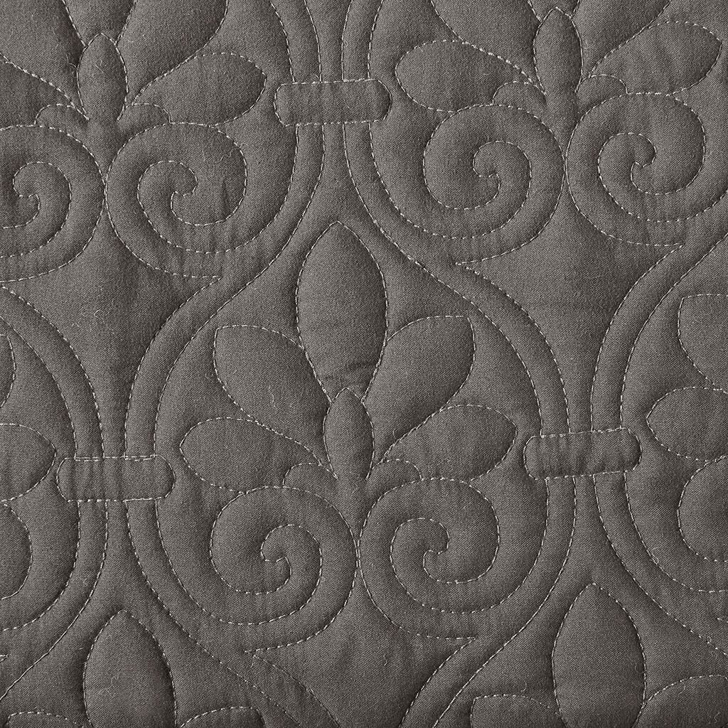 Quebec King 3 Piece Split Corner Pleated Quilted Bedspread, Dark Gray, large