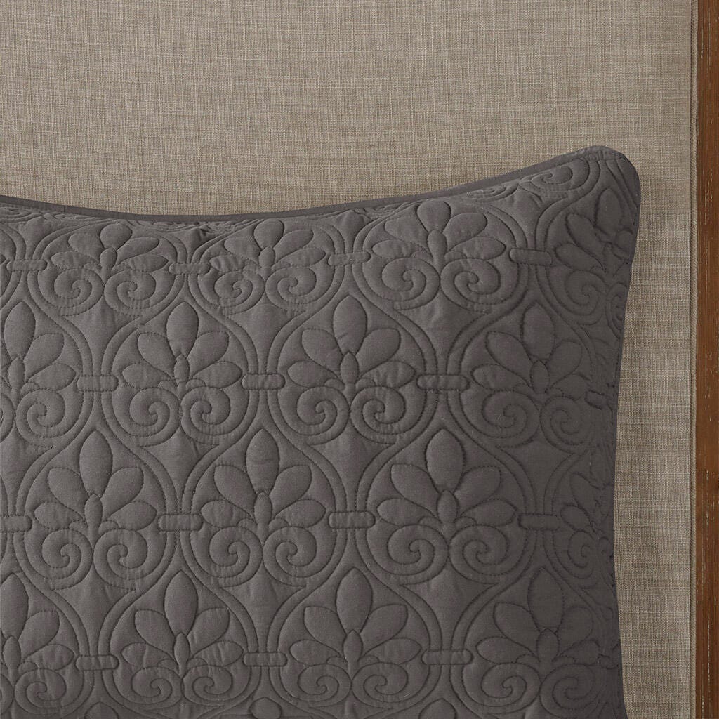 Quebec King 3 Piece Split Corner Pleated Quilted Bedspread, Dark Gray, large