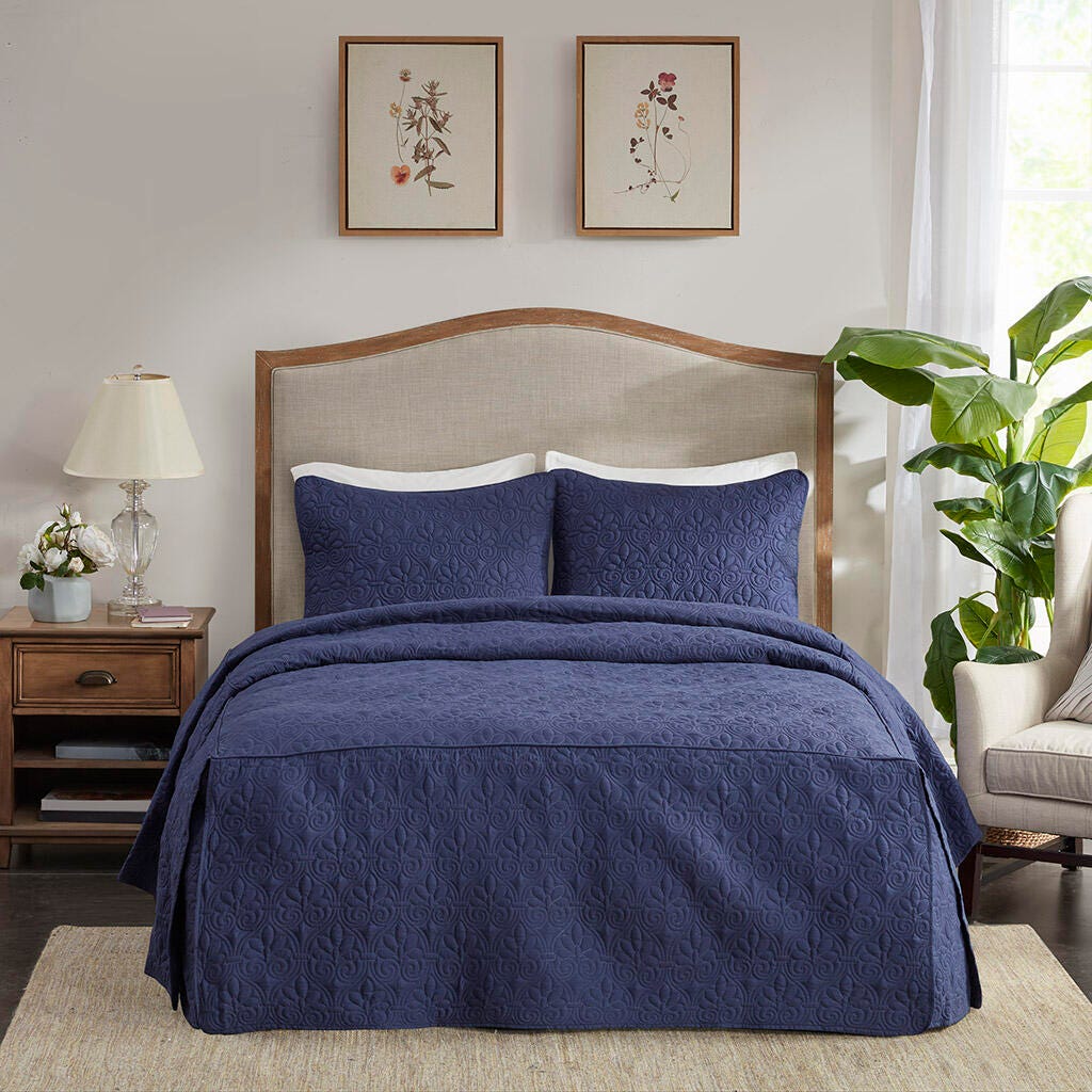 Quebec Queen 3 Piece Split Corner Pleated Quilted Bedspread, Navy, large