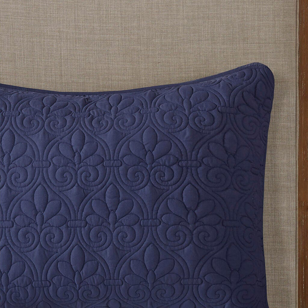 Quebec Queen 3 Piece Split Corner Pleated Quilted Bedspread, Navy, large