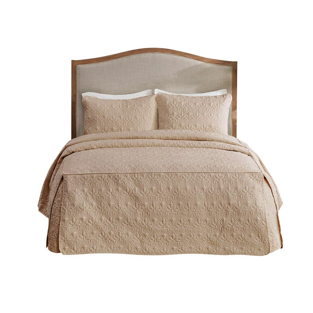 Quebec Queen 3 Piece Split Corner Pleated Quilted Bedspread, Khaki, large