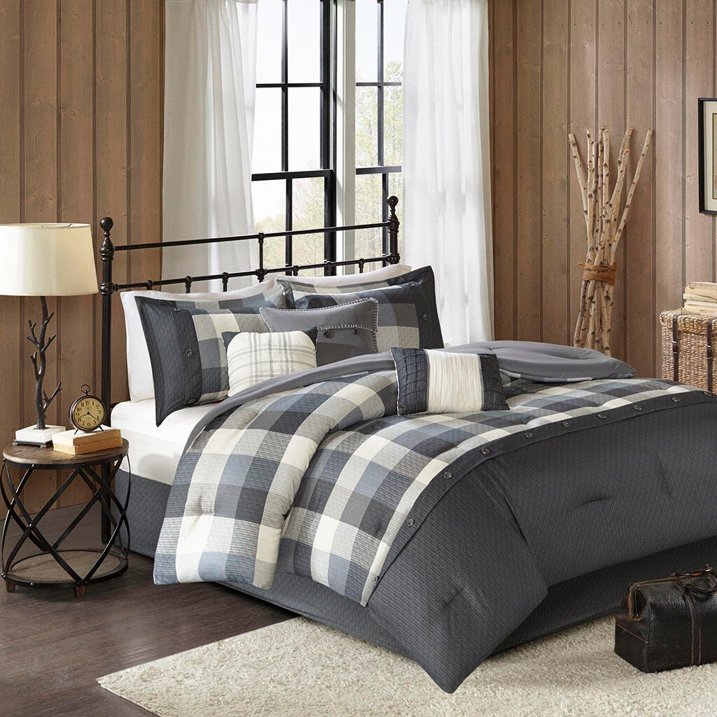 Ridge King 7 Piece Herringbone Comforter Set, Gray, rollover