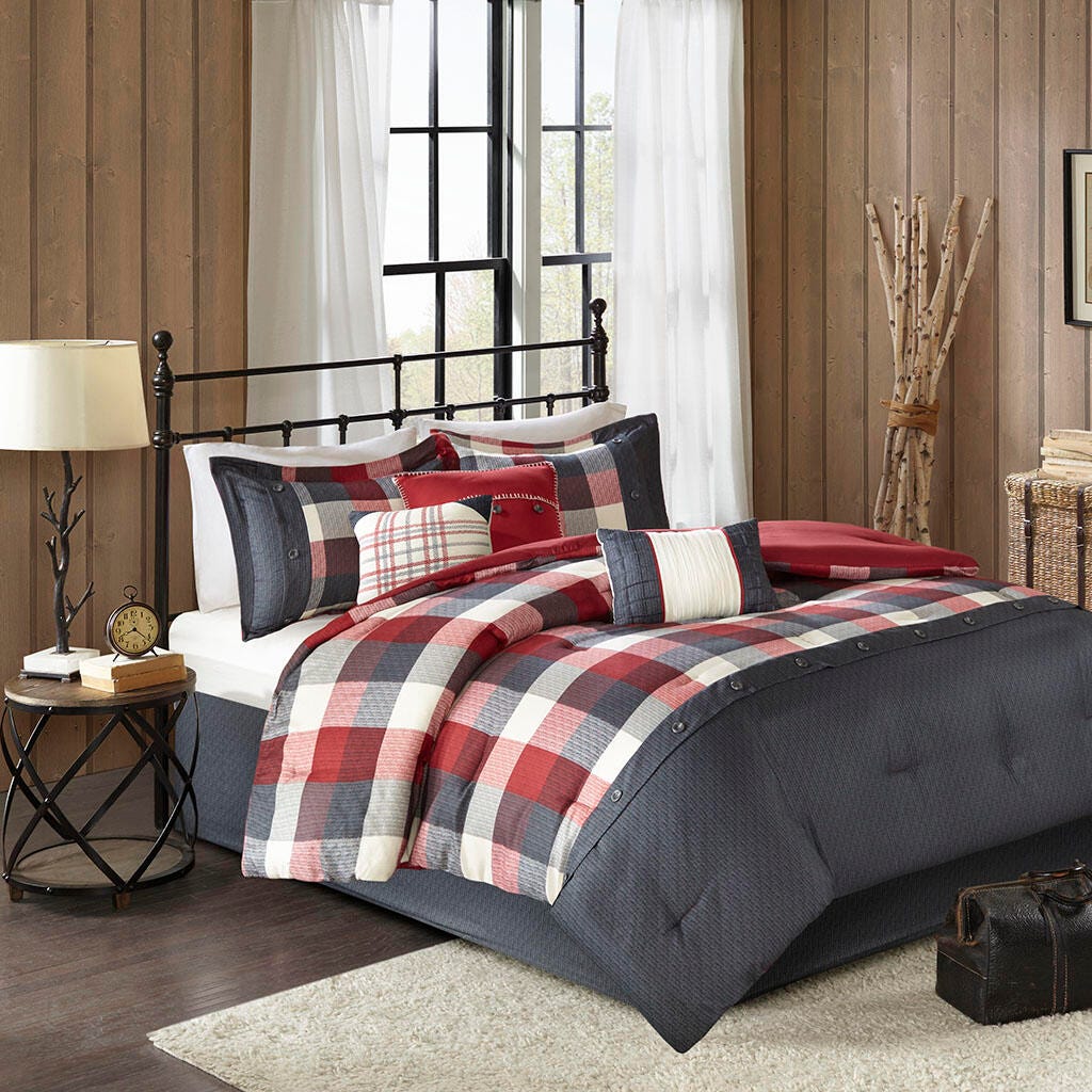 Ridge King 7 Piece Herringbone Comforter Set, Red, rollover