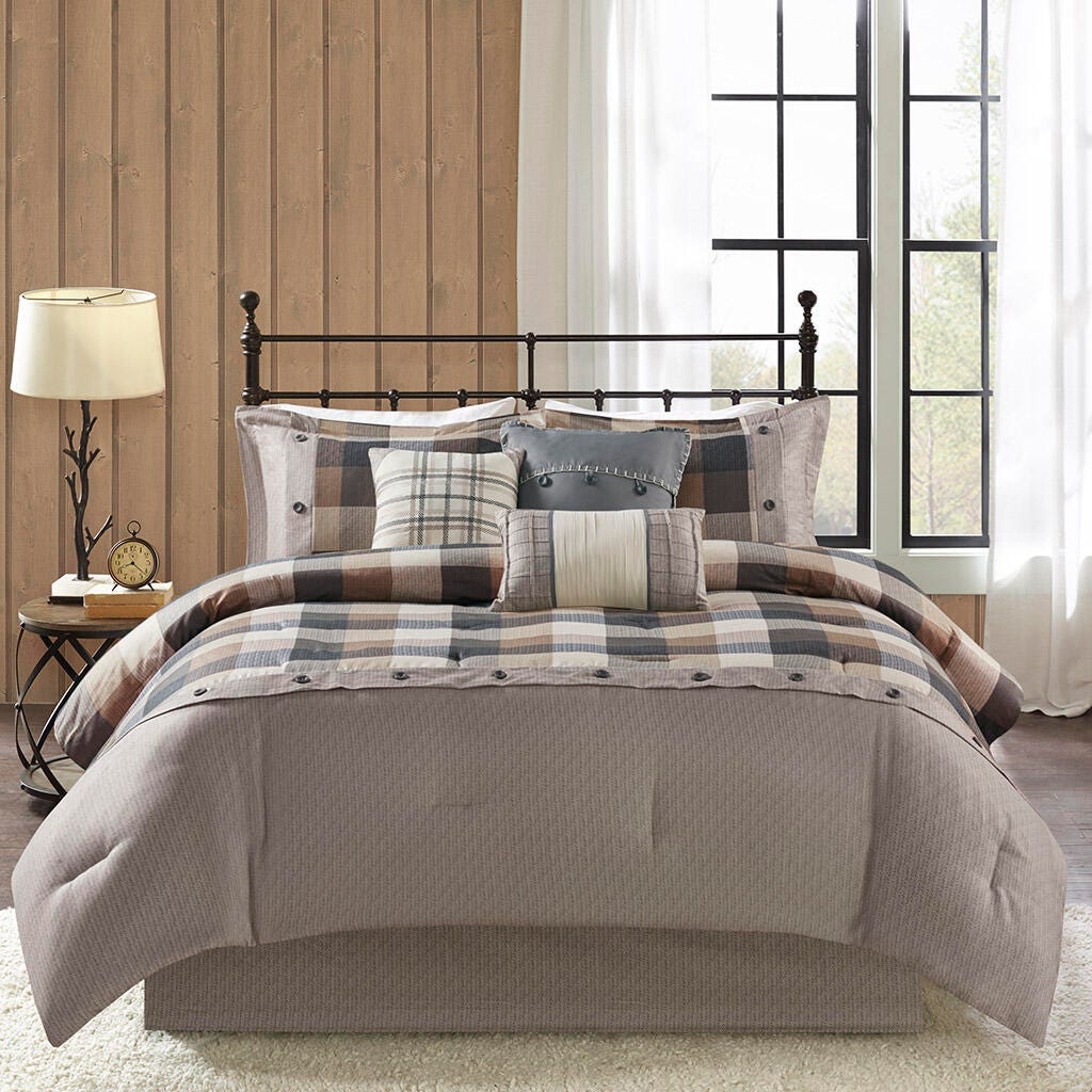 Ridge Queen 7 Piece Herringbone Comforter Set, Neutral, large