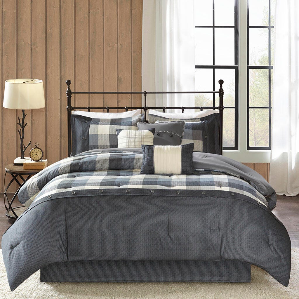 Ridge Queen 7 Piece Herringbone Comforter Set, Gray, large