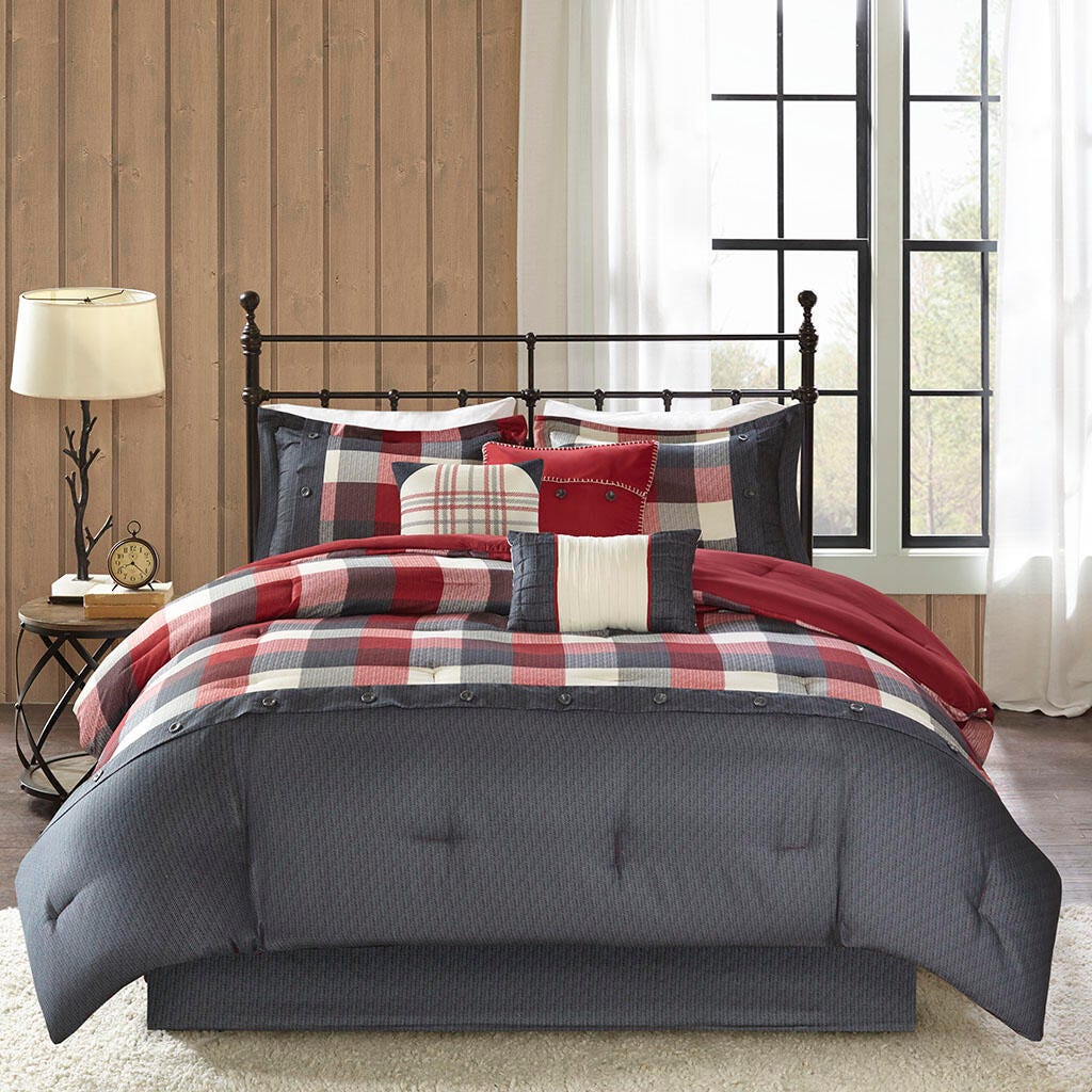 Ridge Queen 7 Piece Herringbone Comforter Set, Red, large
