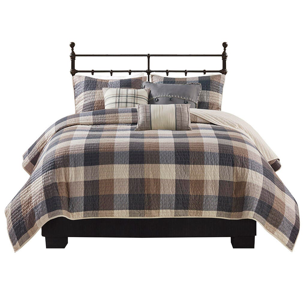 Ridge King/California King 6 Piece Printed Herringbone Quilt Set with Throw Pillows, Neutral, rollover