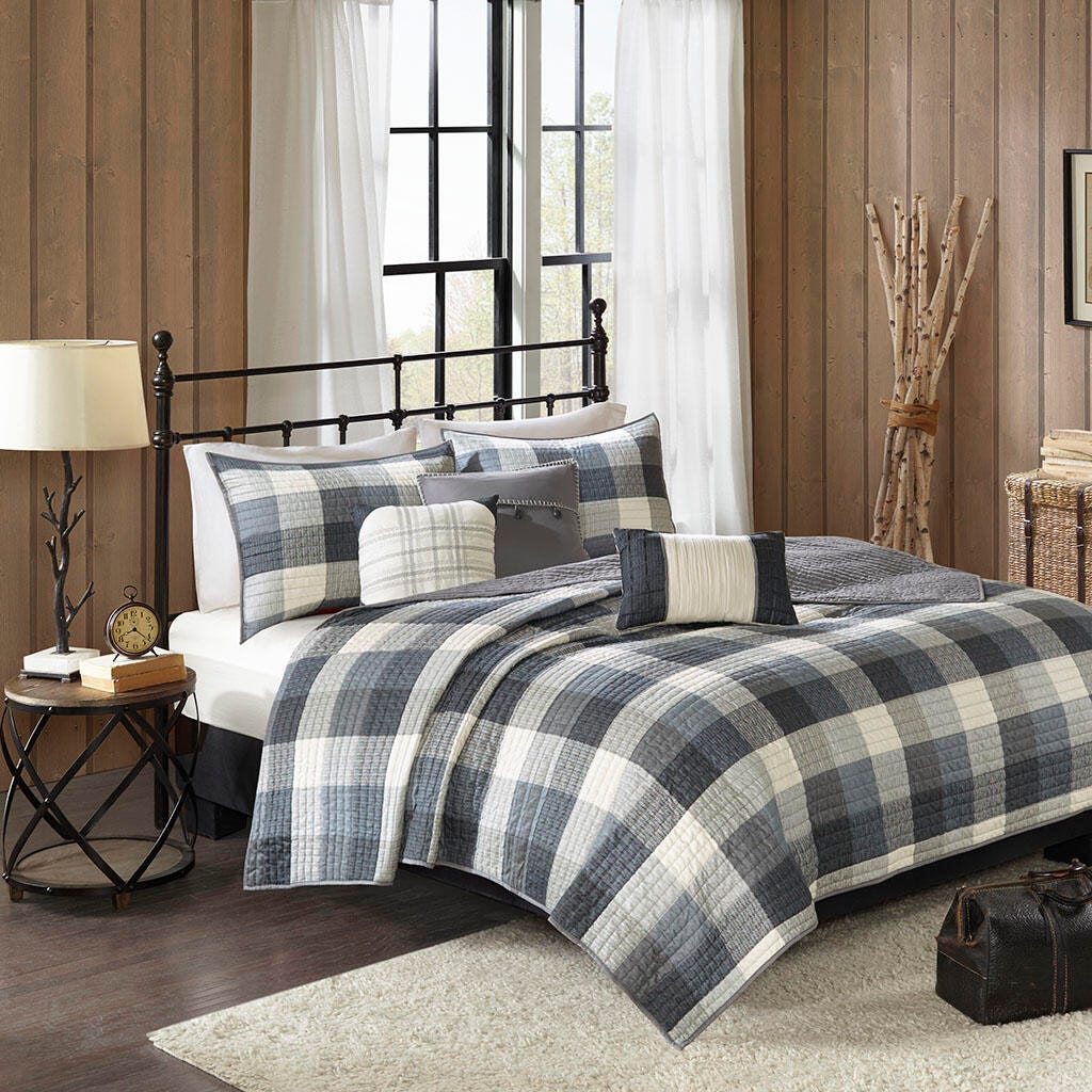 Ridge Full/Queen 6 Piece Printed Herringbone Quilt Set with Throw Pillows, Gray, rollover