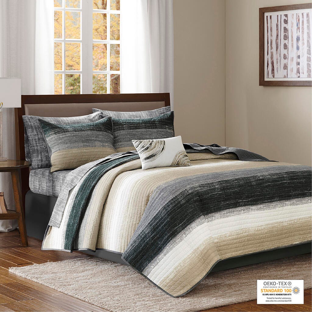 Saben King 8 Piece Quilt Set with Bed Sheets, Taupe, large