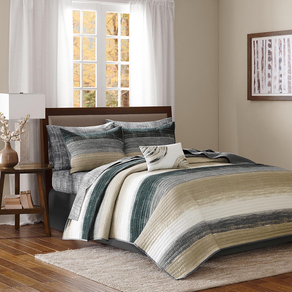 Saben King 8 Piece Quilt Set with Bed Sheets, Taupe, large
