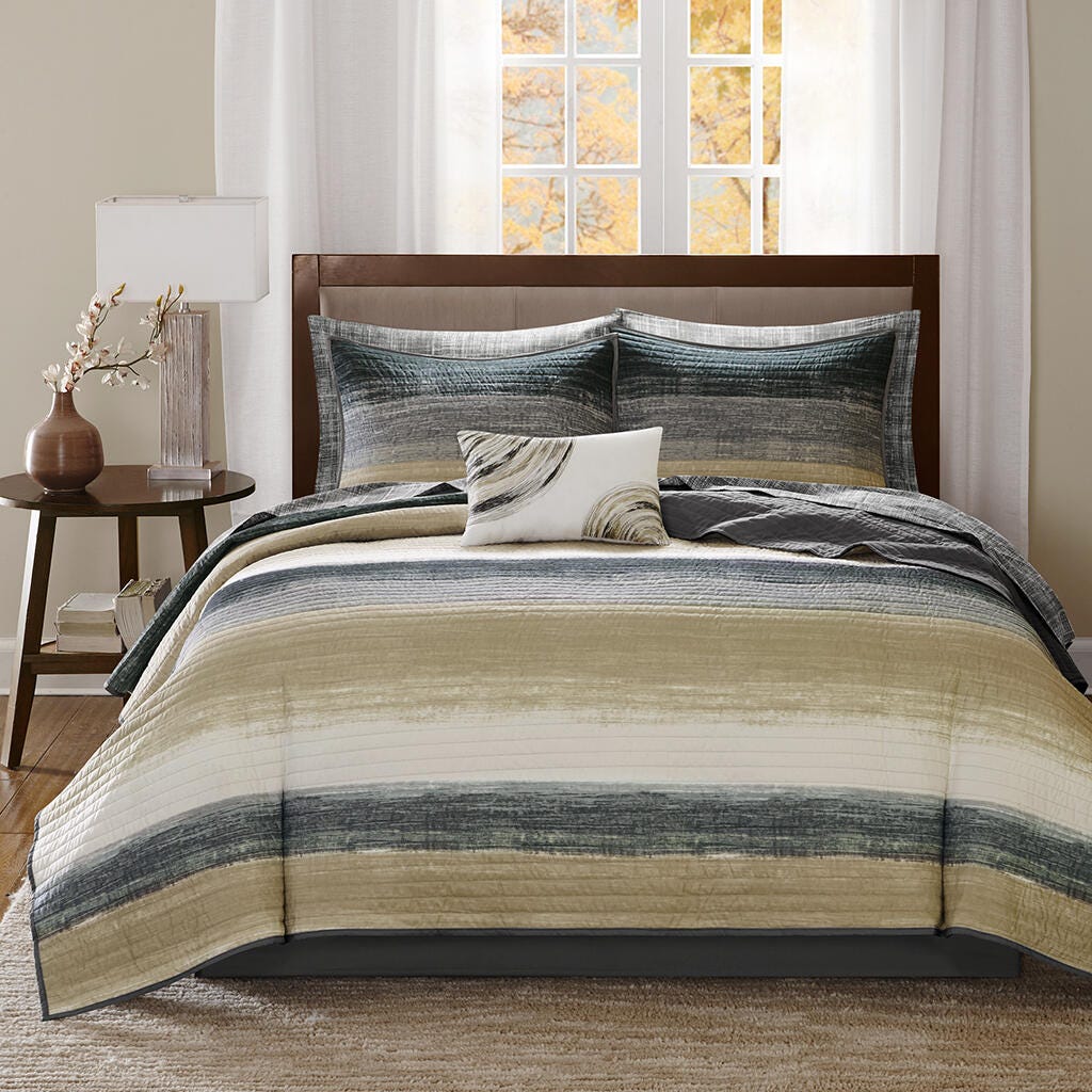 Saben Twin 6 Piece Quilt Set with Bed Sheets, Taupe, large