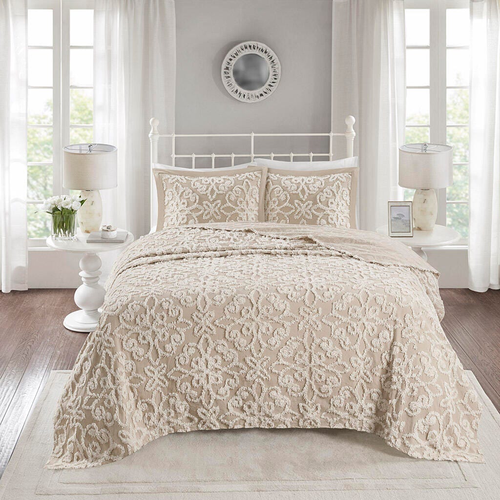 Sabrina King/California King 3 piece Tufted  bedspread  set, Taupe, large