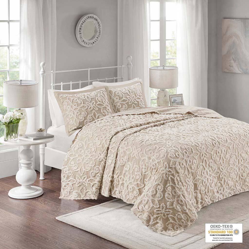 Sabrina Full/Queen 3 piece Tufted  bedspread  set, Taupe, large