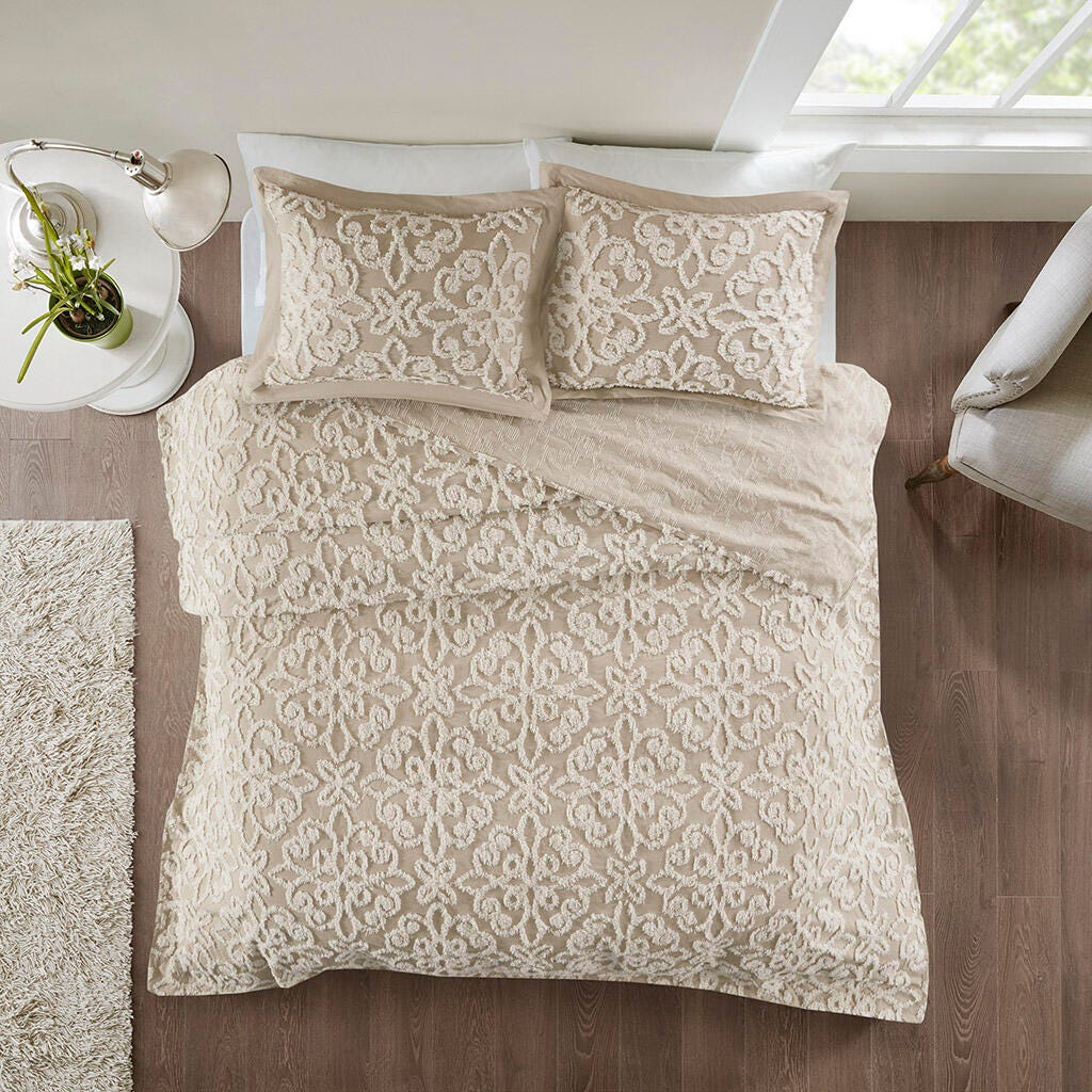Sabrina Full/Queen 3 piece Tufted  bedspread  set, Taupe, large
